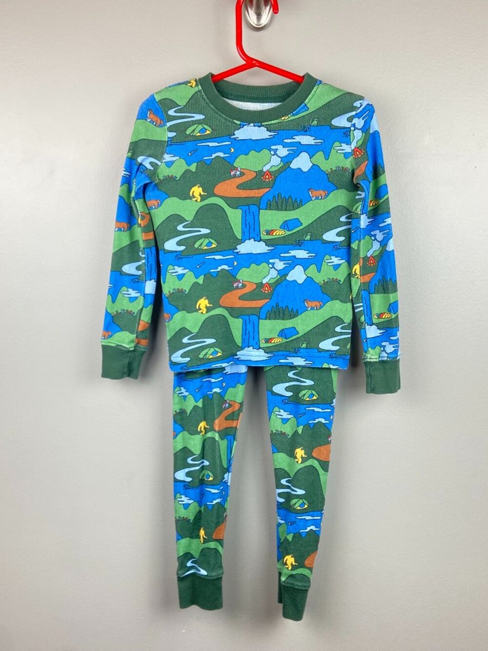 LL Bean Kids Pajama Set Size 4 100% Organic Cotton Camping & Sasquatch Theme